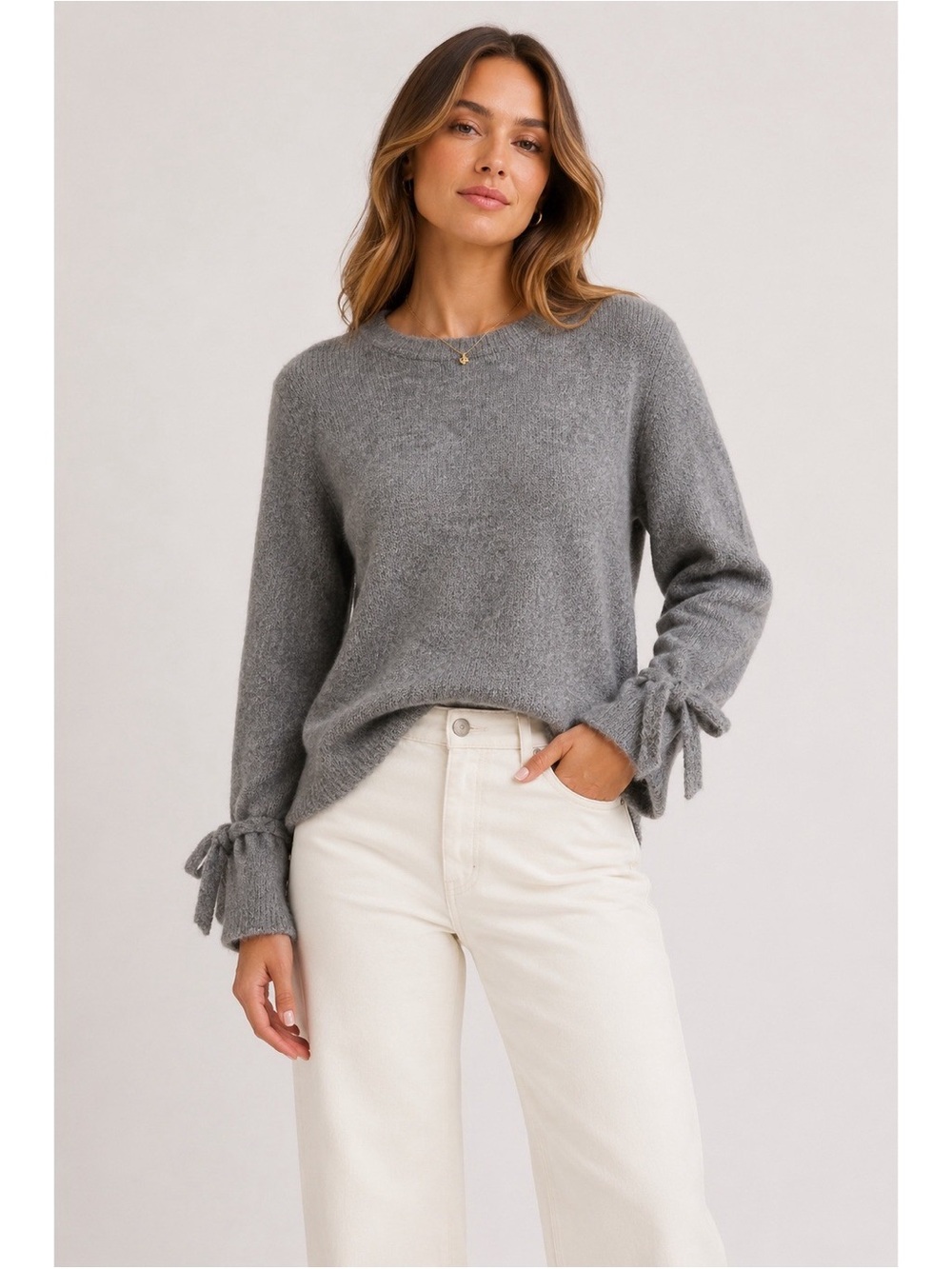 The Group Babaton Women's Gray Tie-Sleeve Knit Sweater Size Small wool blend